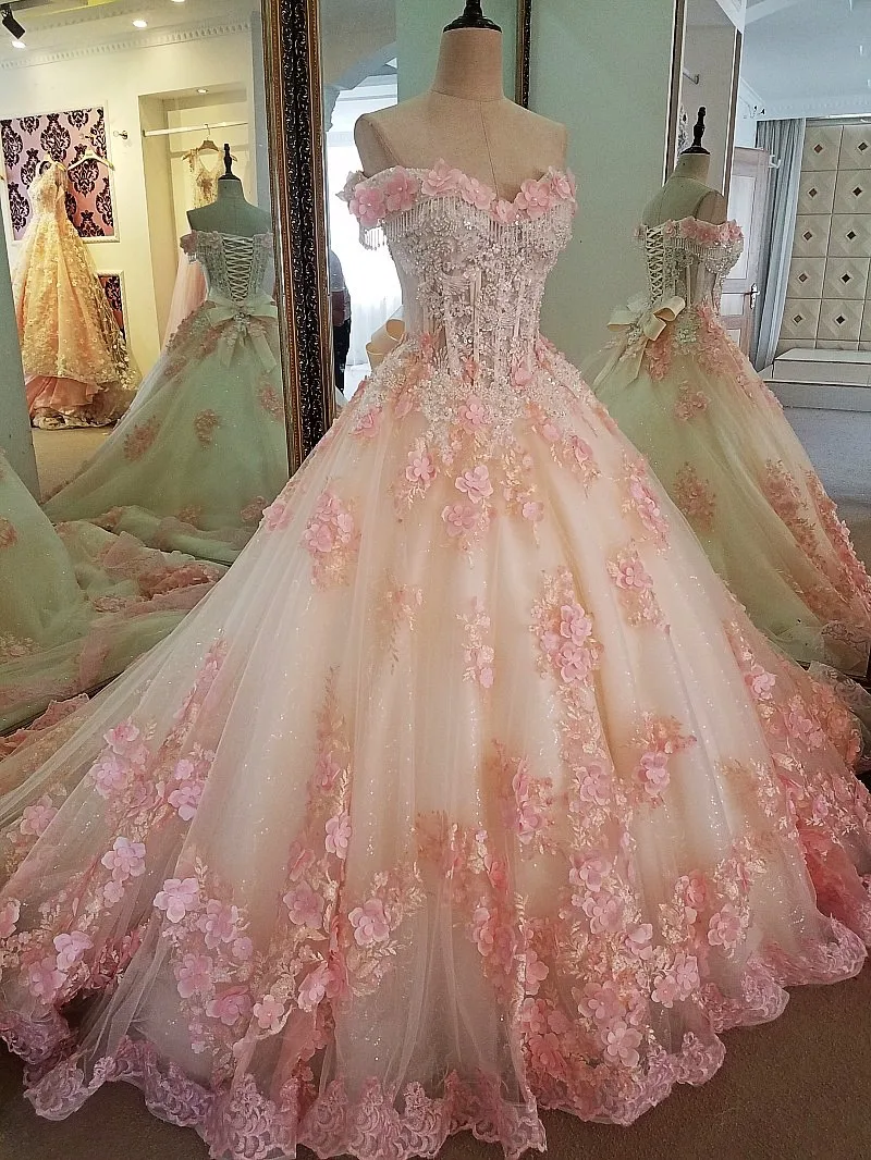 LSX00071 stock evening dresses long flower lace up back vestido longo de festa elegant ball gown evening dress real photos
