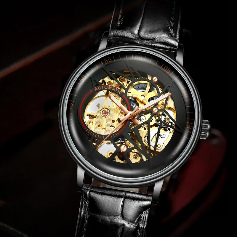 Часы мужские механические золотистые/коричневые в стиле ретро|Мужские часы| |