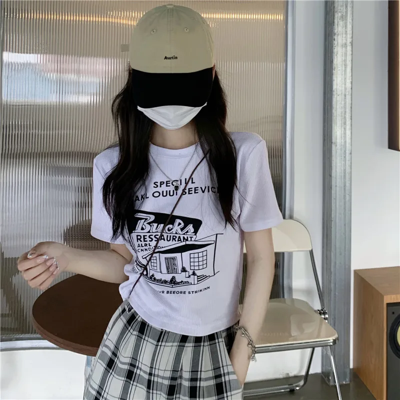 

2021 Summer New Korean Women's Clothing Short-sleeved T-Shirts Fashion Creative Printing Self-cultivation Wild Tees Crop Top