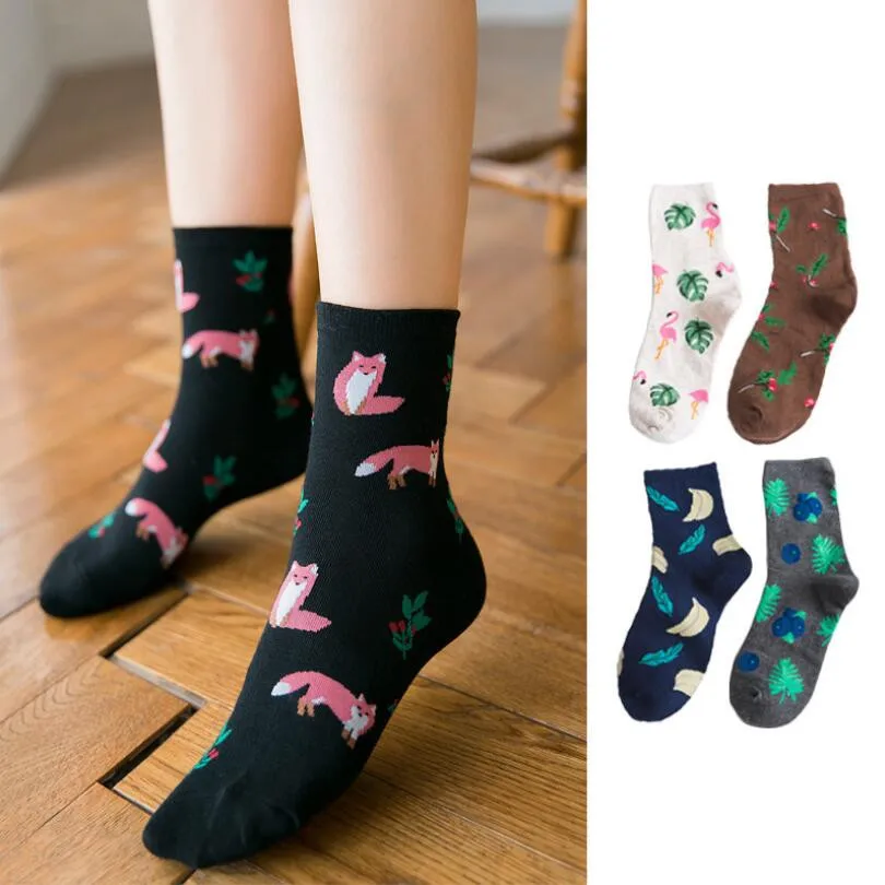 5 Pairs Girls Fox Plant Fruit Flamingo Printed Cotton Ankle Socks Crew Sock Women Warm Winter Floral Embroidered Ankle Socks