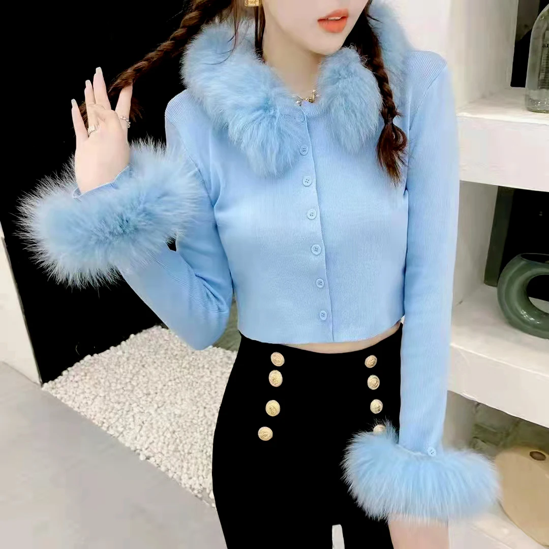 

Осенний винтажный Пушистый кардиган с отложным воротником, женский тонкий трикотажный свитер в рубчик с длинным рукавом, повседневный укор...