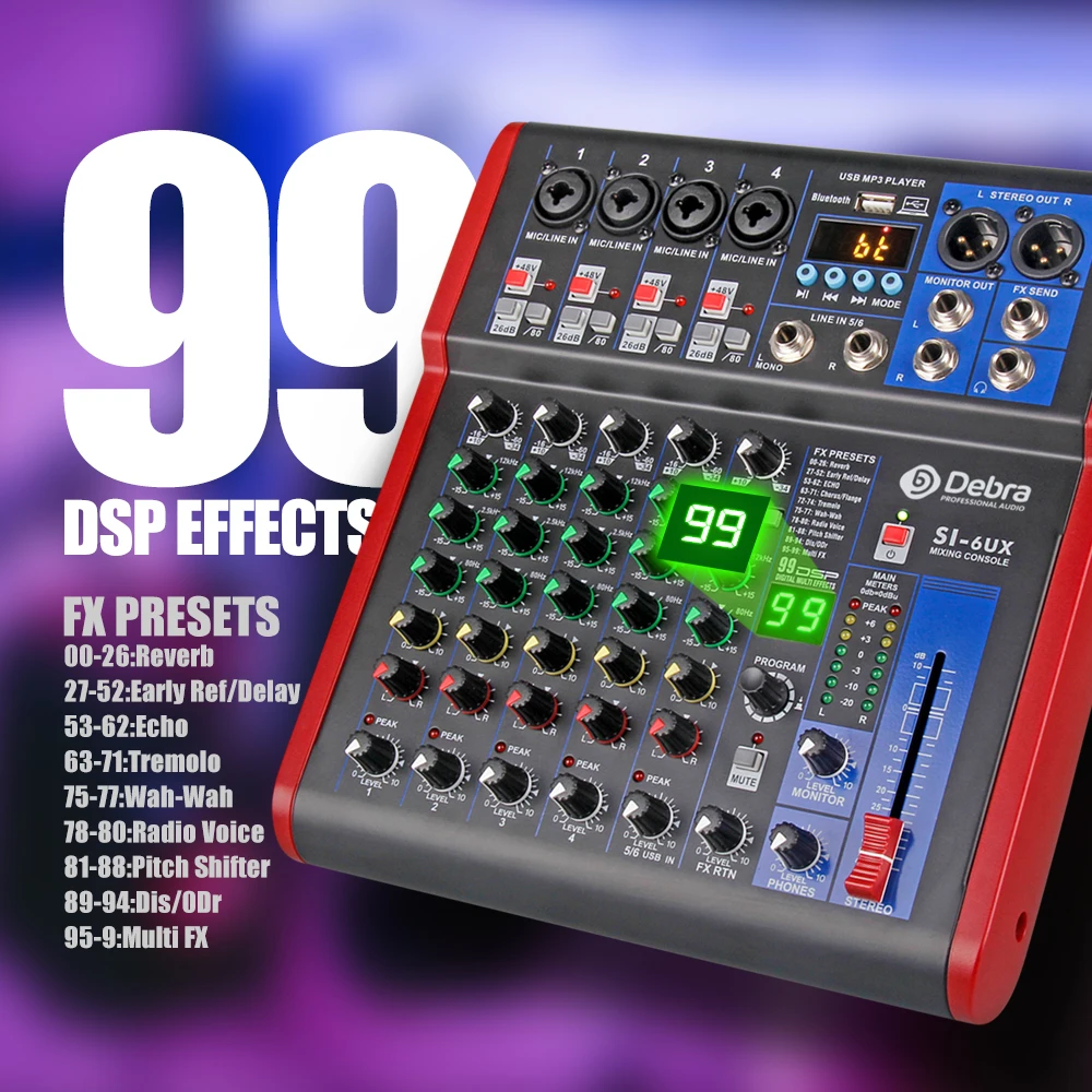 Дебра Pro 6 каналов DJ Controlle с 99DSP эффект реверберации Bluetooth 5 0 USB смеситель для