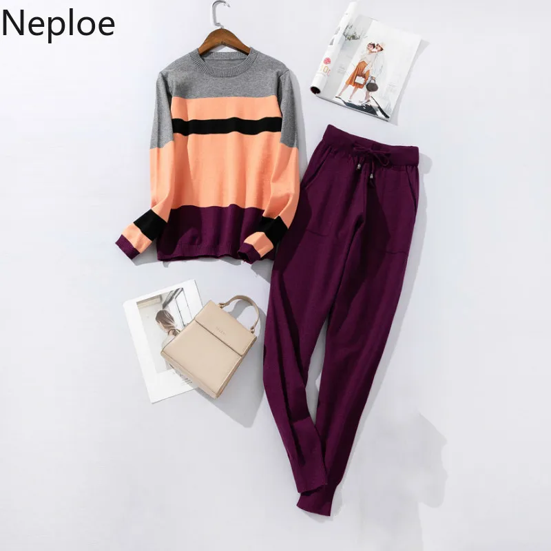 Neploe Conjuntos De Mujer Black Srtiped Short Kitt Sweater + High Waist Soild Pants Loose Slim Autumn Winter Women Set 46507 | Женская