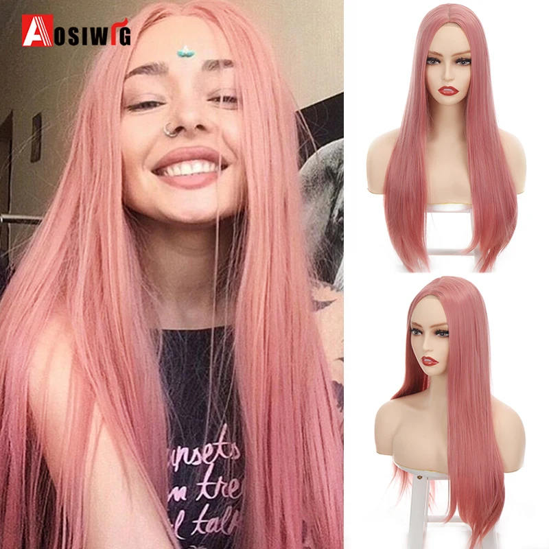 

Aosiwig Synthetic Long Straight Wig Middle Part Natural Hair Colorful Ombre Black Pink Blonde Cosplay Halloween Wigs for Women