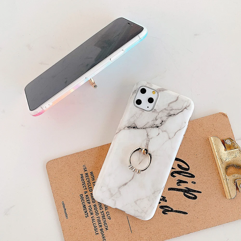 Чехол LACK с мраморным рисунком и бриллиантовым кольцом-подставкой для iphone 12 11Pro Max