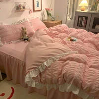 pink ruffled seersucker duvet cover set 34pcs soft lightweight down alternative grey bedding set with bed skirt and pillowcases