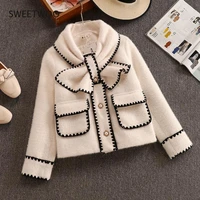 high quality women white bow mink jacket coat for female slim patchwork pocket outerwear ladies wool short coat winter clothes