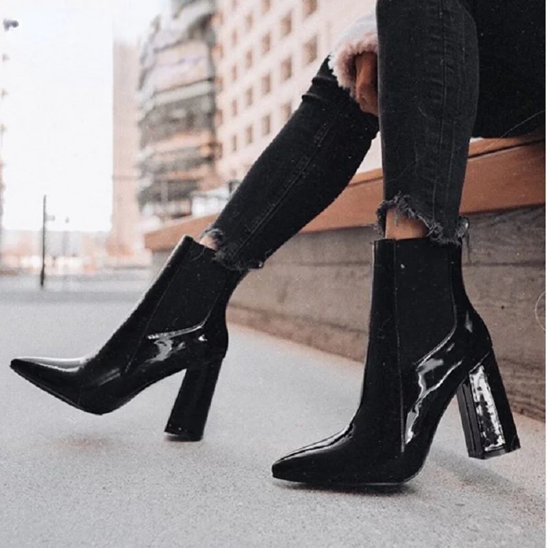 

Женские ботильоны из ПУ кожи, на Высоком толстом каблуке, с квадратным носком, на молнии