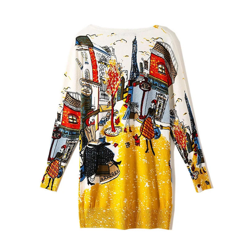 Женский вязаный свитер длинный пуловер с принтом в Парижском Стиле осенний
