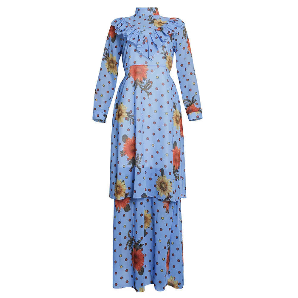 

Ramadan Eid Mubarak Print Dress 2pcs Sets Muslim Abaya Kimono Hijab Jalabiya Robe Gowns Arab African Dashiki Islamic