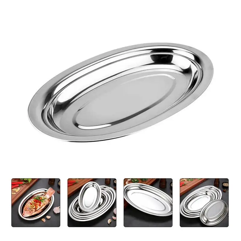 1pc Stainless Steel Oval Plate Steaming Fish Plate Snack Desserts Service Tray Plate Deepen Oval Plate Steamed Vermicelli