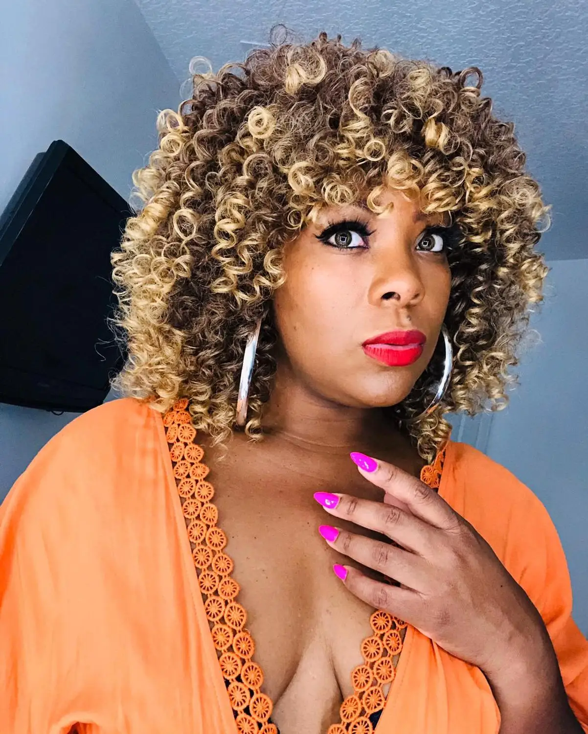 FAVE Afro Kinky Curly Wig With Bangs Synthetic Wigs Heat Resistant Fiber Ombre Dark Light Brown Gradient Color For Black Women - Цвет: Dark Light Brown