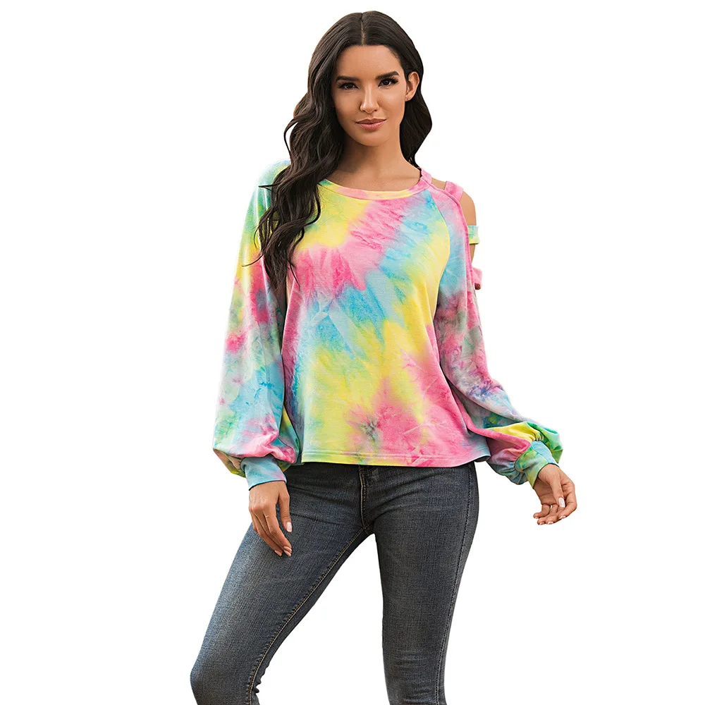 

2020 Autumn Women Tie-Dyed Long Sleeves Sports Casual Round Neck T-Shirt Top Loose Bandage Beautiful Lady Shoulder Pullover