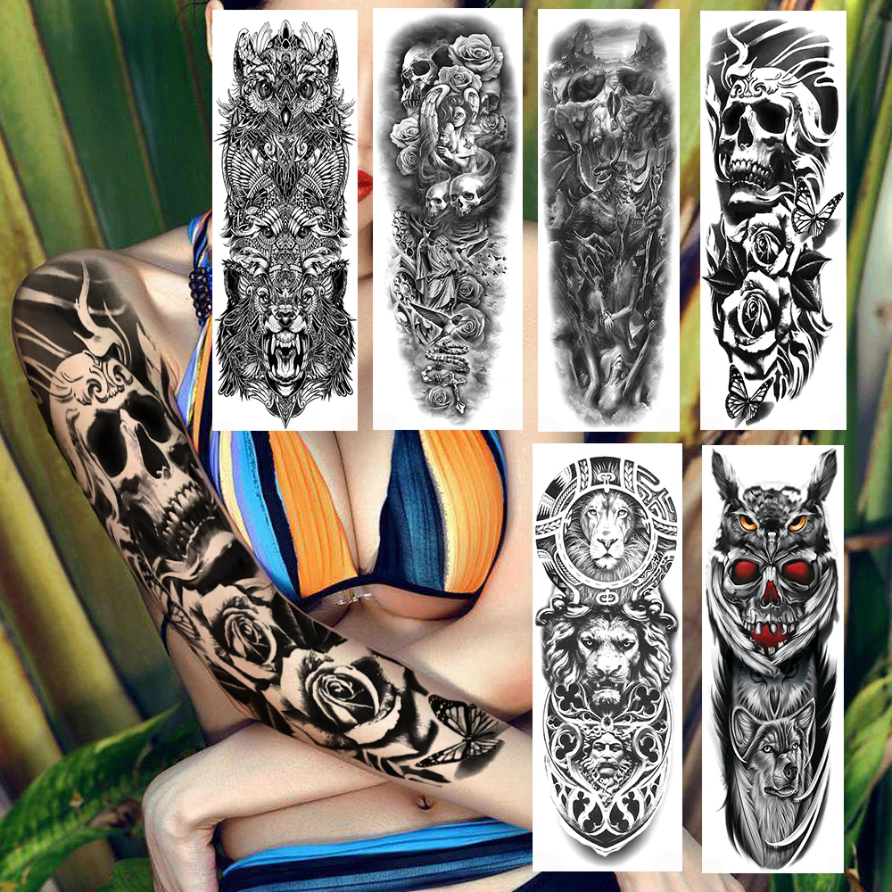 Черные Временные татуировки наклейки с имитацией черепа смерти для женщин и