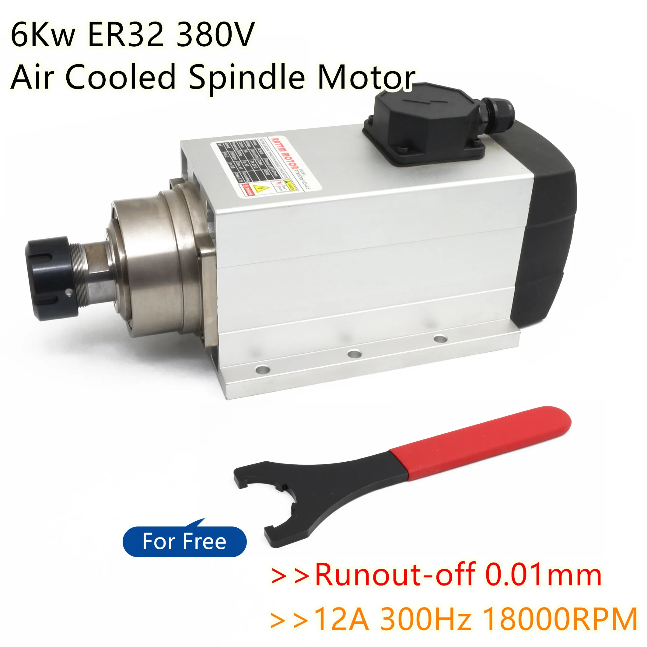 

6Kw ER32 Square Air Cooled Spindle Motor Runout-off 0.01mm 12A 300Hz 18000RPM 380V for CNC Milling Engraving Router Machine