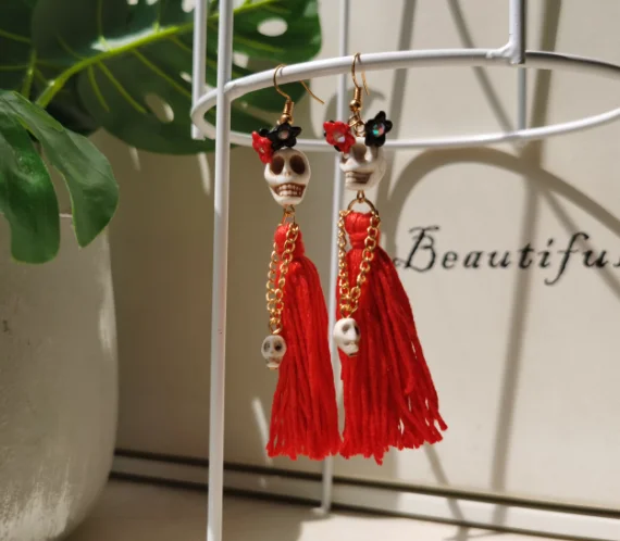 

Lady Skulls with Red Tassels Dangle Earrings,Skull Dangle Earrings,Women New Fashion,day of The Dead Jewelry