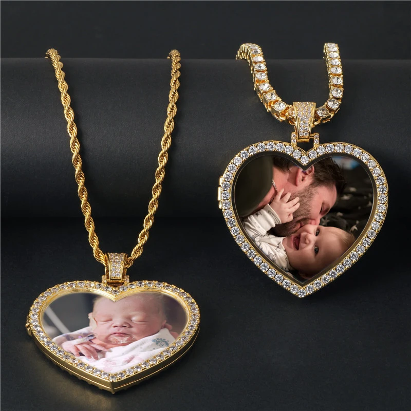 Пользовательские bling Сердце фото медальоны ожерелье и кулон медь с теннисная Цепочка Золото кубический циркон мужские хип хоп ювелирные изделия
