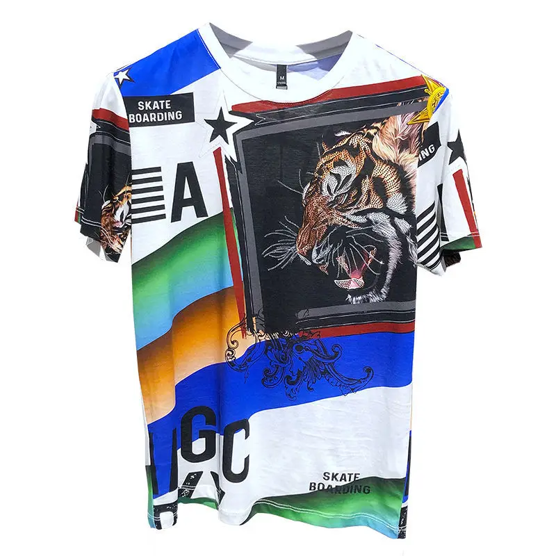 

2021 new men's t-shirt slim jacket printed casual large stripe short sleeve t-shirt