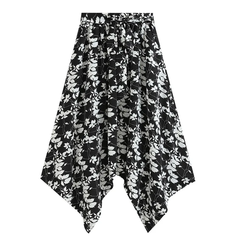 

IEQJ High Elastic Waist Half-body Skirt Women Fashion Asymmetrical Panelled Print Floral New Chiffon Pleated A-line 2021