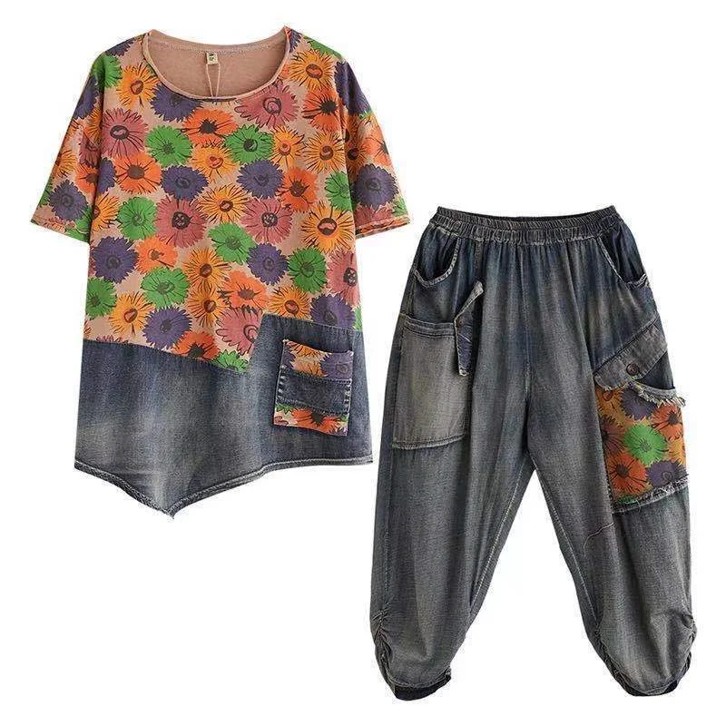 

Denim 2 Piece Set Women Outfits vintage Floral Print Two Pieces Jeans short sleeved t shirt Top Pants Suits 2022 Summer Clothing