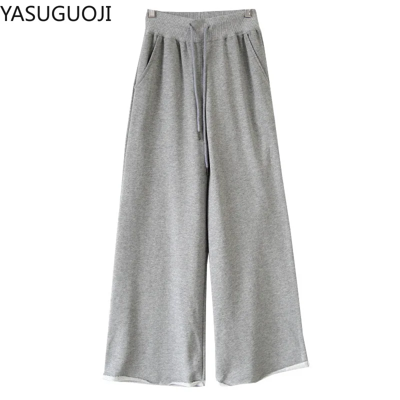 

YASUGUOJI Casual Terry Wide Leg Pants Women's High Waist Drape Capri Loose Straight Loose Korean Spring and Autumn All-match