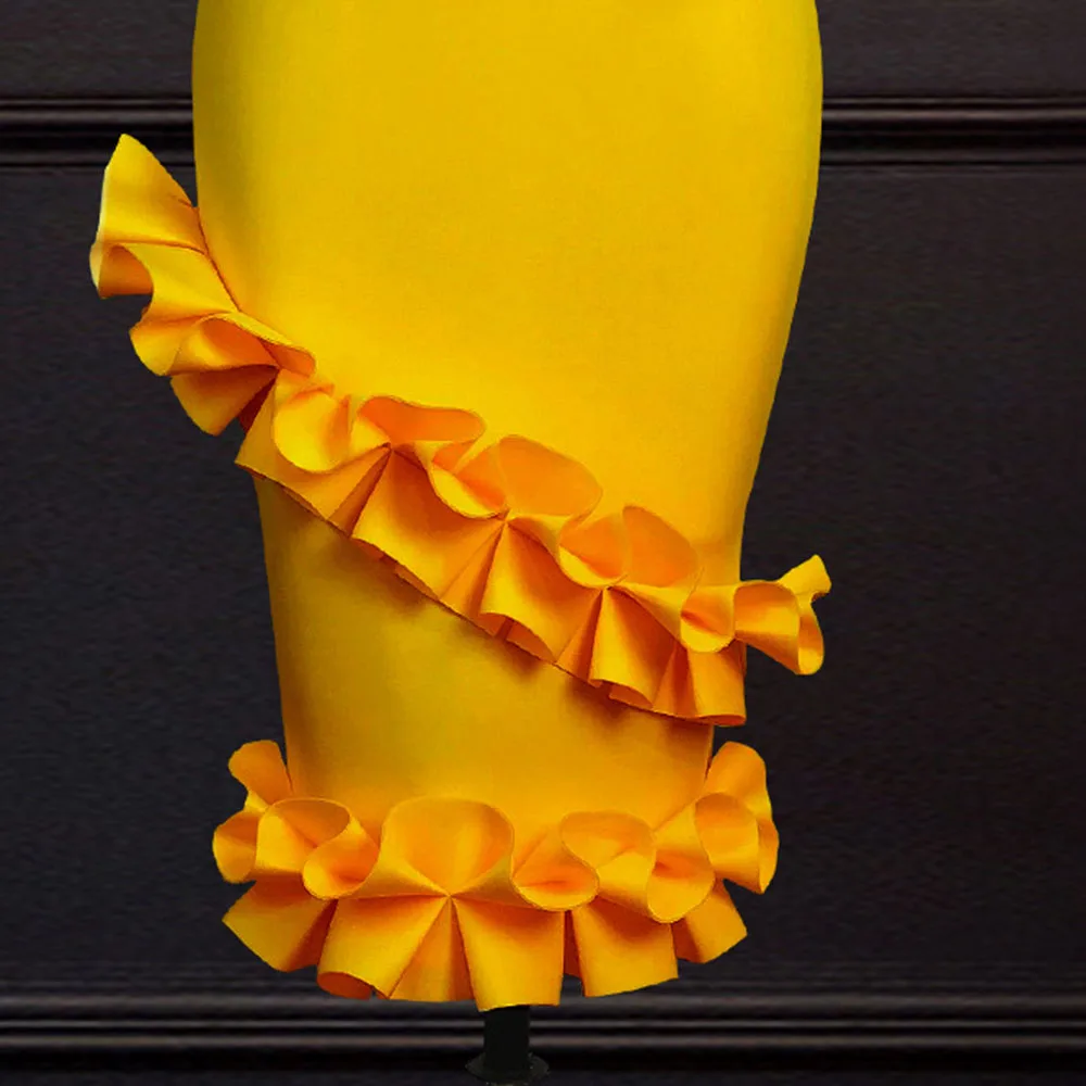 

2xl Yellow Spring Ruffle Skirt Women 2021 New Fashion High Wiast Female Office Lady Work Midi Skirts African Casual Skirt Retro
