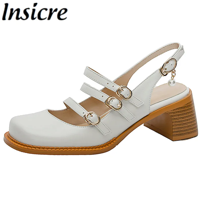 

Сандалии Insicre женские из натуральной кожи, босоножки на высоком толстом каблуке, квадратный носок, пряжка, ручная работа, бычья кожа, размер ...