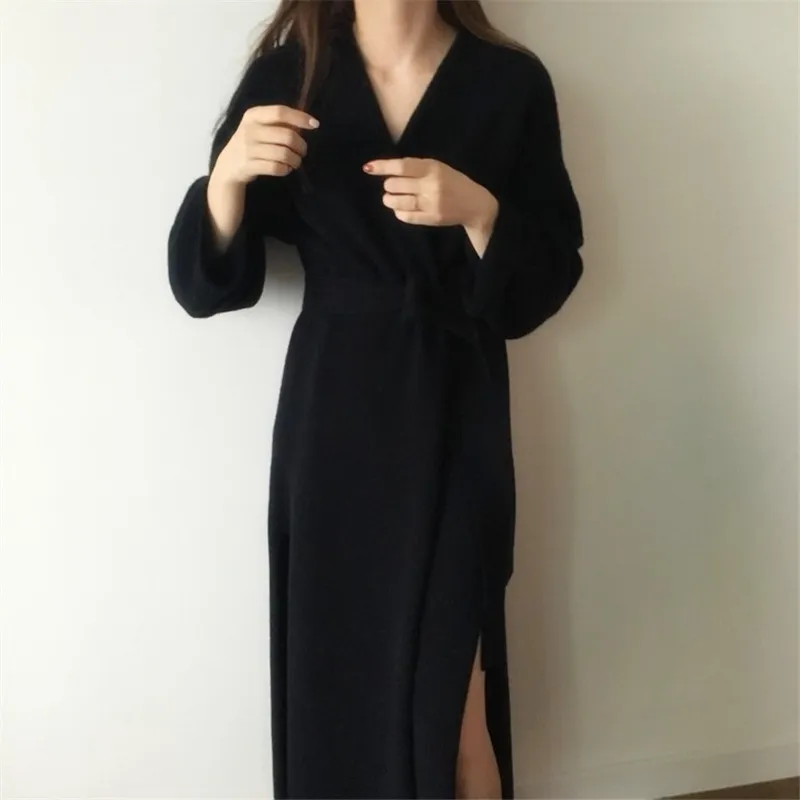 black cardigan Woherb винтажный черный свитер женский однотонный длинный рукав Сплит длинный кардиган со шнуровкой открытая стежка корейская мода новинка 90987 - Цвет: black cardigan