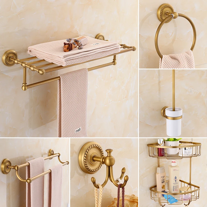 

Antique Carved Brass Wall Mounted Bath Grab Bar Bathroom Hardware Set Toothbrush Holder Metal Towel Paper Holder Shower Baskets