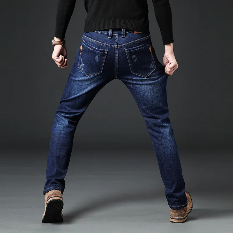 Высокое Качество Зимние теплые мужские джинсы с нашивками плотные эластичные