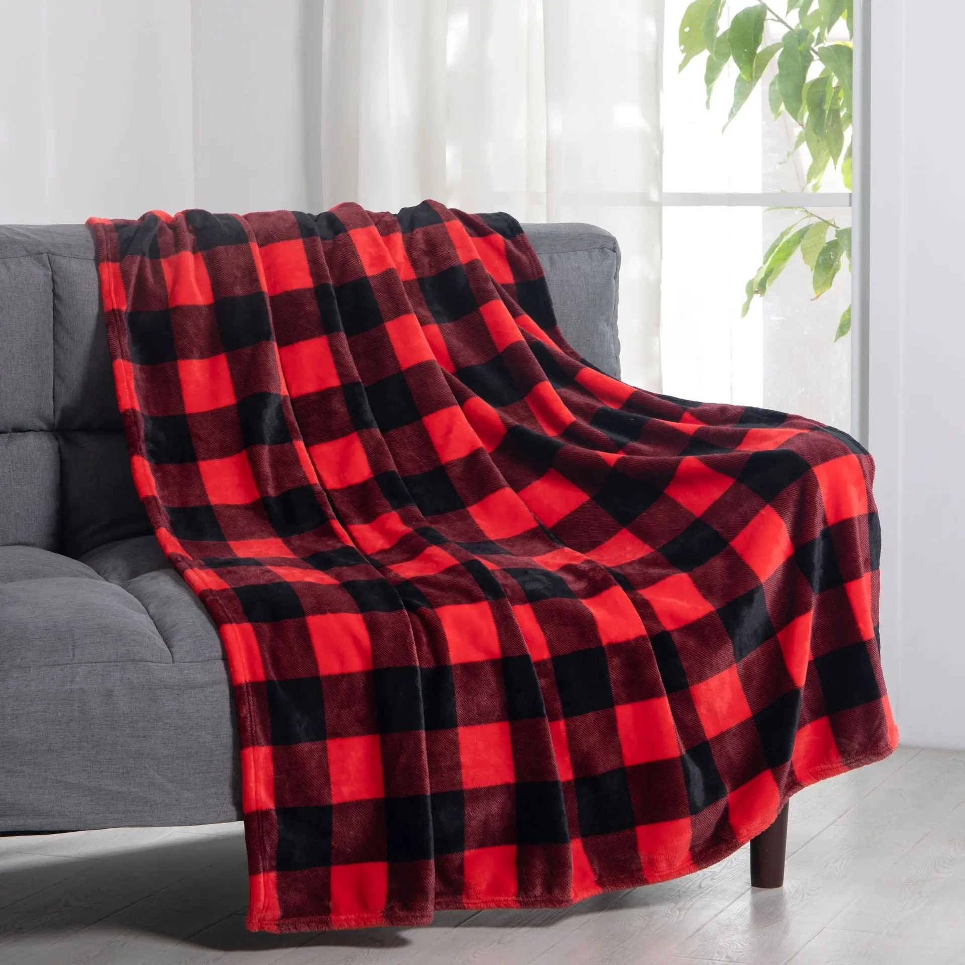

Plaid Throw Blanket for Sofa Couch Soft Flannel Fleece Red Black Checker Plaid Pattern Decorative Throw Warm Cozy