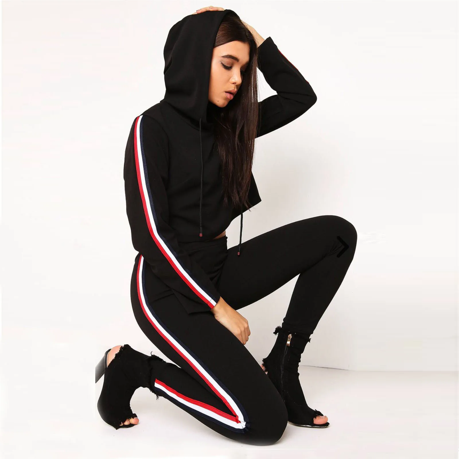 

Donsignet Fashion Women's Suit New Spring Autumn Hooded Collar Pullover Solid Color Short Plus Size Long Sleeve Two-piece Suit