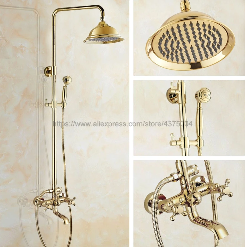 

Настенный смеситель для душа Ngf383, золотистый кран для ванной комнаты, дождевая Душевая система, с ручным распылителем