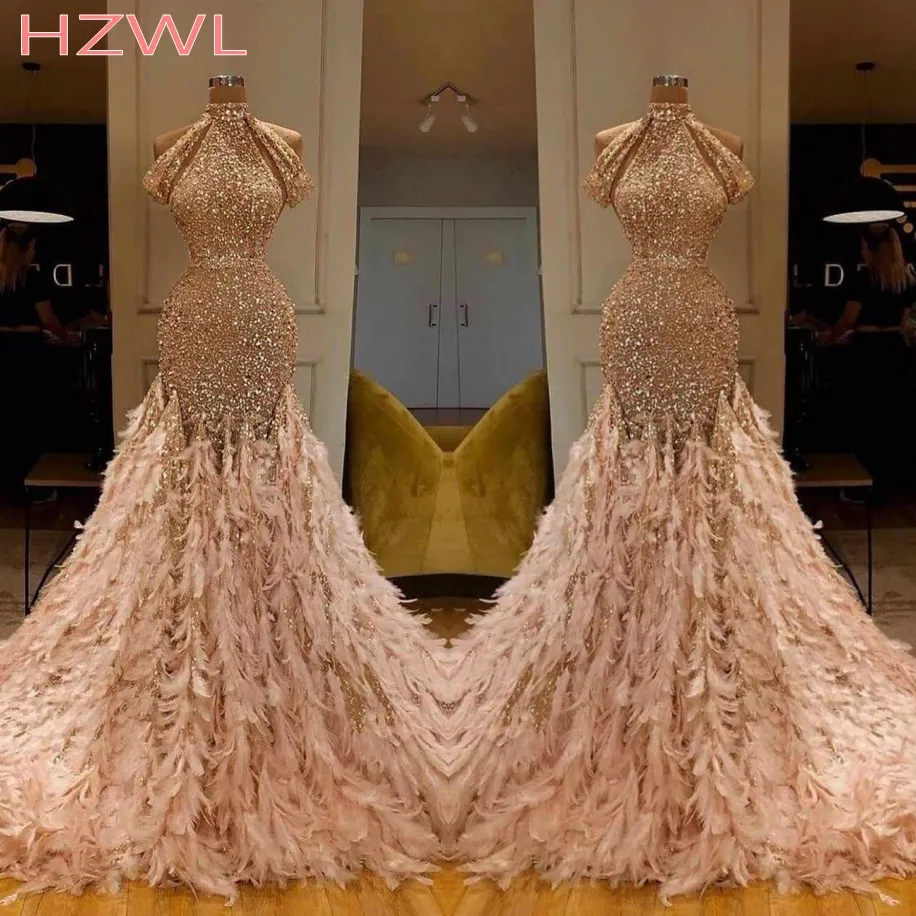 

Ostrich Feather Mermaid Evening Dresses Sparkly Sequins High Collar Gold Prom Dress Party Wear Sweep Train Luxury Formal Wear