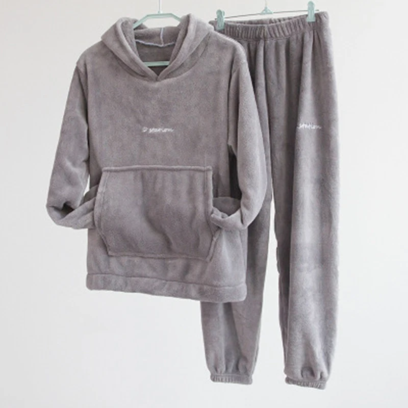 

Women Winter Warm Pajamas Sets Soft Plush Solid Color Hooded Long Sleeve O Neck Pockets Top Elastic Waist Pants Indoor 2Pcs/Set