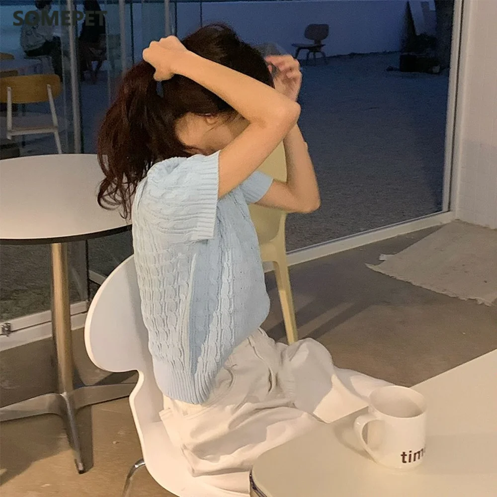 Шикарный вязаный свитер футболка корейский пуловер с коротким рукавом топ