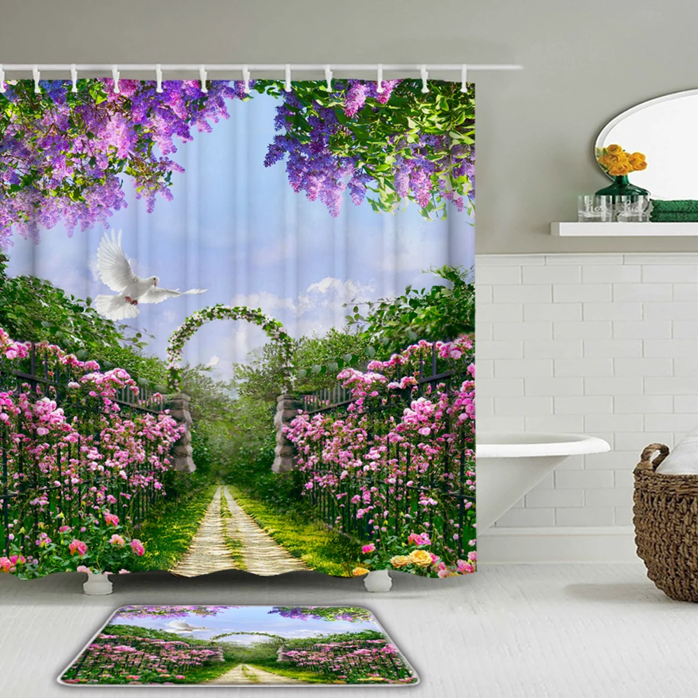 

Nature Rural Garden Scenery Bathroom Waterproof Shower Curtains Set Toilet Non-slip Bath Mat Rug Fabric Flowers Shower Curtain