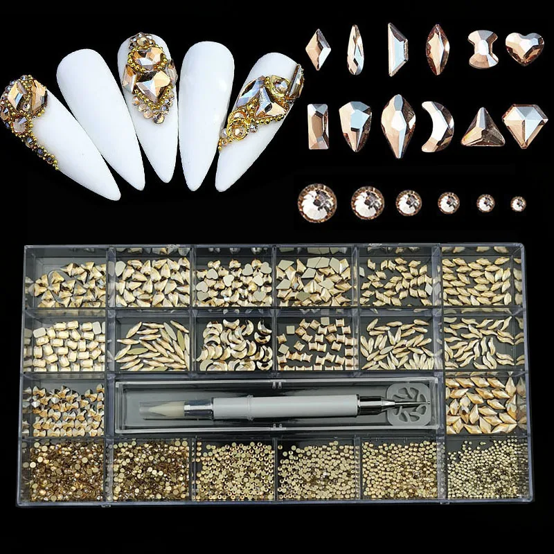 

Стеклянная коробка с плоским основанием в виде особой формы, 21 решетчатая коробка для маникюра, набор украшений «сделай сам» с бриллиантами...