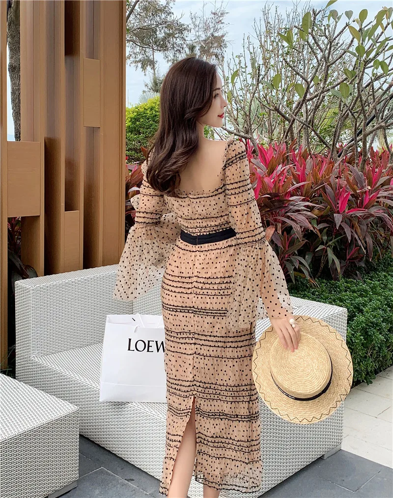 

Runway A line Party Dress Squre Neck Polka Dot 2020 Summer Dress Lady Vintage Casual Dress Midi Long Vestidos Streetwear