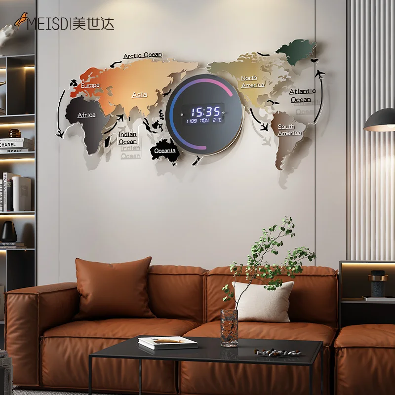 MEISD-Reloj de pared Digital con mapa del mundo electr&oacute;nico, reloj inteligente decorativo grande con calendario, term&oacute;metro, decoraci&oacute;n del hogar, Horloge azul F-4