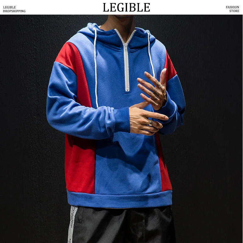 

Однотонные мужские толстовки в стиле пэчворк, Мужская Уличная одежда, свитшоты на молнии, Мужская свободная толстовка с капюшоном в стиле Х...