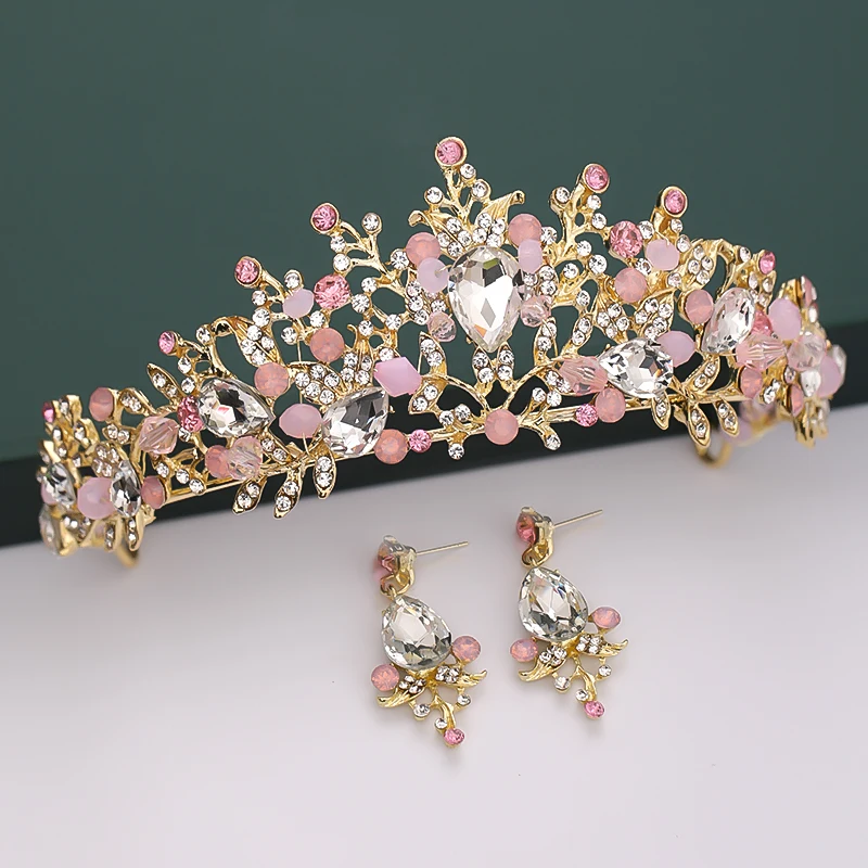 Корона принцессы невесты золотые украшения для волос Розовый кристалл свадебный