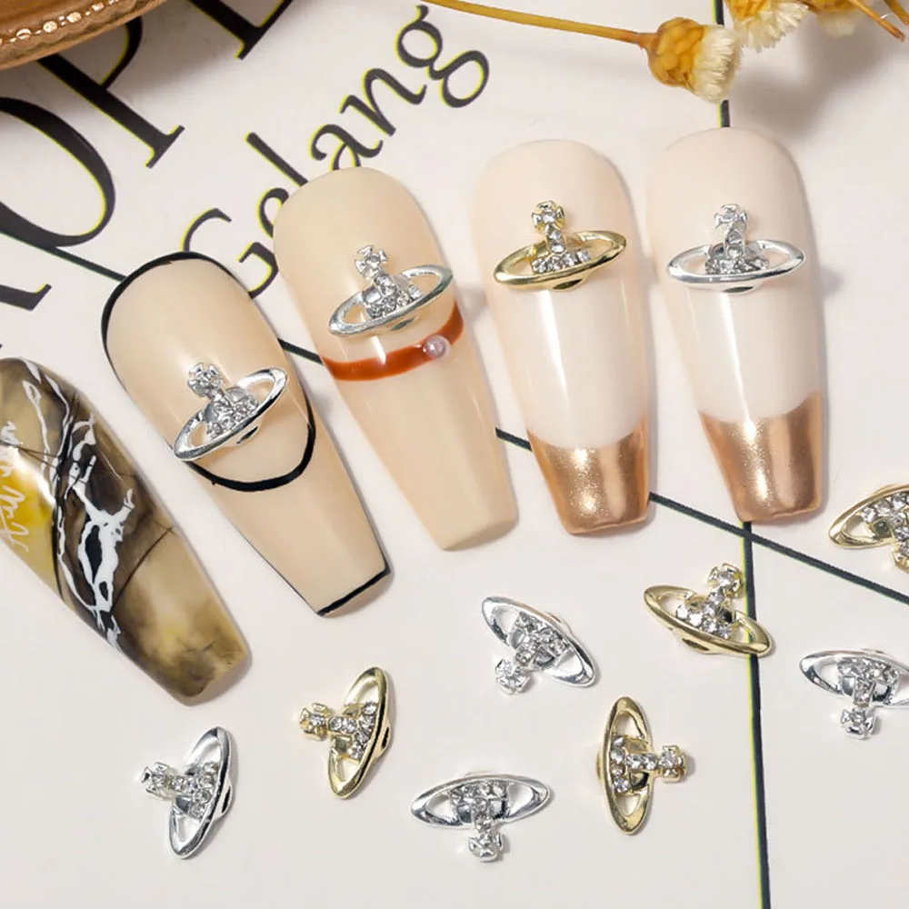 

10Pcs/lot 3D Alloy Planet Cross Nail Art Charms Luxury Metal Decorations Design Gold/Silver Rhinestones 10*7mm Manicure Jewelry