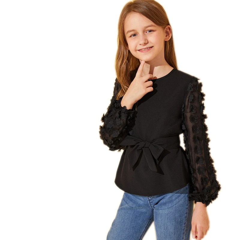 SHEIN Kiddie/черная однотонная блузка с аппликацией в сеточку, с рукавом «Бишоп», с поясом, детские топы, коллекция года, Осенние милые блузки на пуговицах сзади