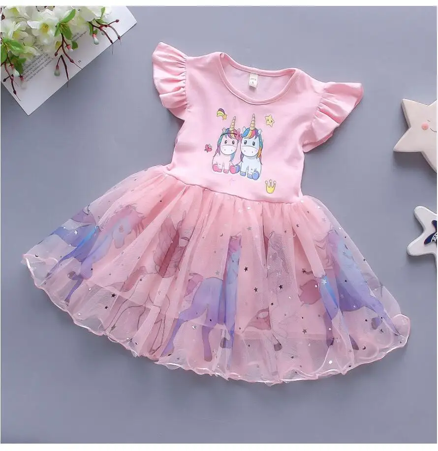 Платье-пачка для девочек с изображением единорога летнее газовое Радужное |