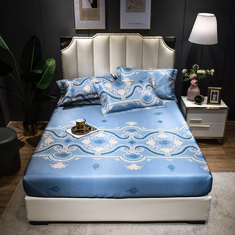 

3pcs Fitted Bed Sheets Cool Ice Silk Mat Mattress Protector Cover Bed Linen Elastic Band Pillowcase Bedding Queen King