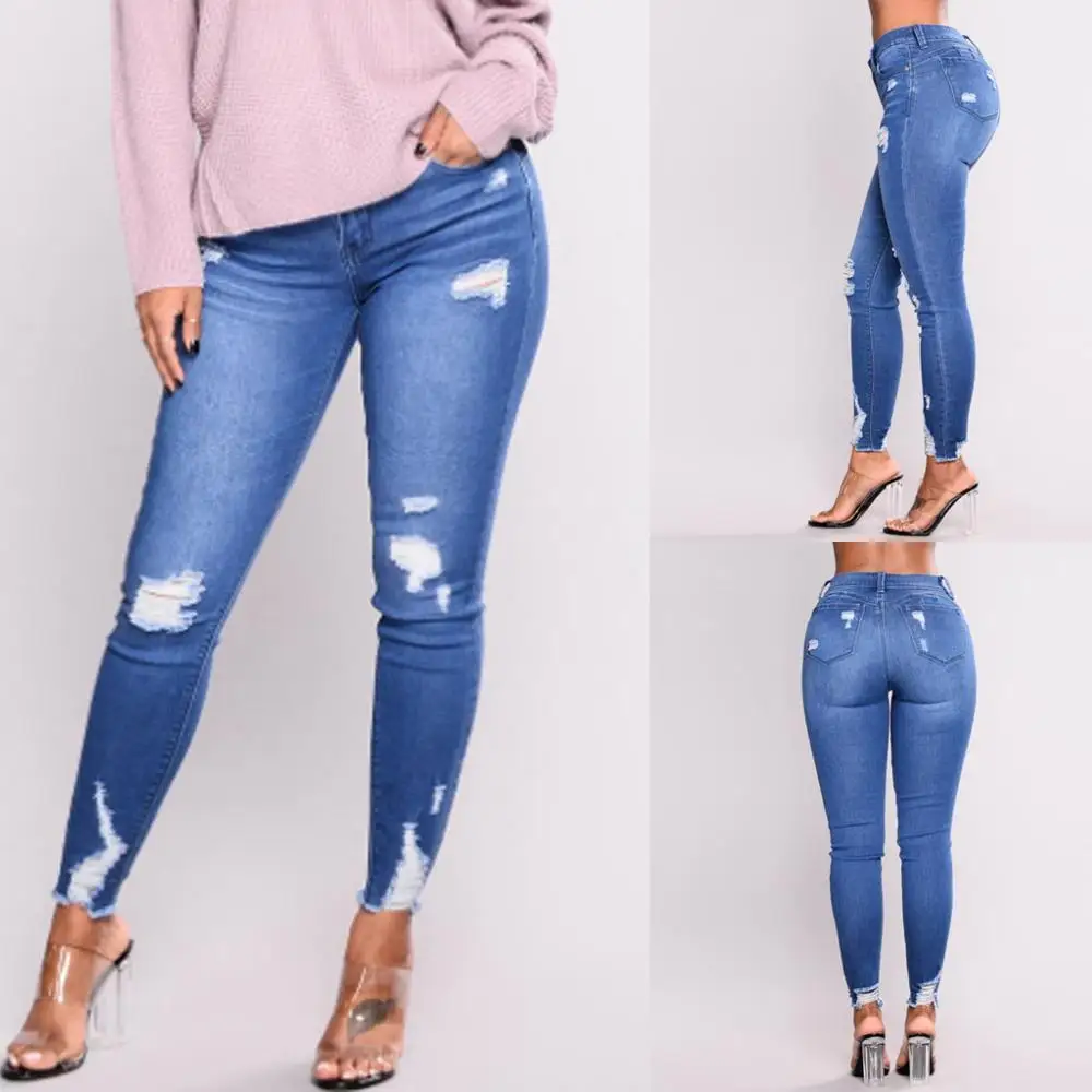 

Women Plus Size Waist Skinny Jeans 2021 New Solid Irregular Ribbed Holes Pencil Pant Stretch Slim Trouser S-3XL