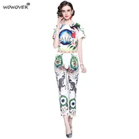 summer fashion streetwear 2021 new runway suit women short sleeve animal print top and pants 2 piece clothing set casual outfits