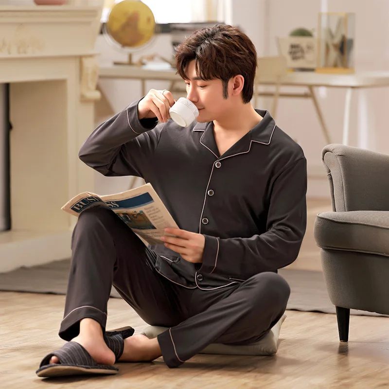 

AIPEACE Cotton Men's Long Sleeve Pyjamas Set Spring Turn Down Male Nightwear Pants Pajama Sets 2020 Korean Sleepwear Suits