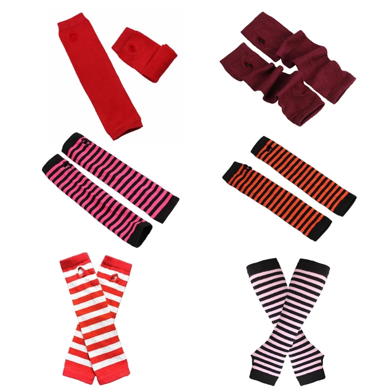 

Женские теплые полосатые вязаные солнцезащитные перчатки в стиле Харадзюку до локтя с рукавами без пальцев радужного цвета для Хэллоуина